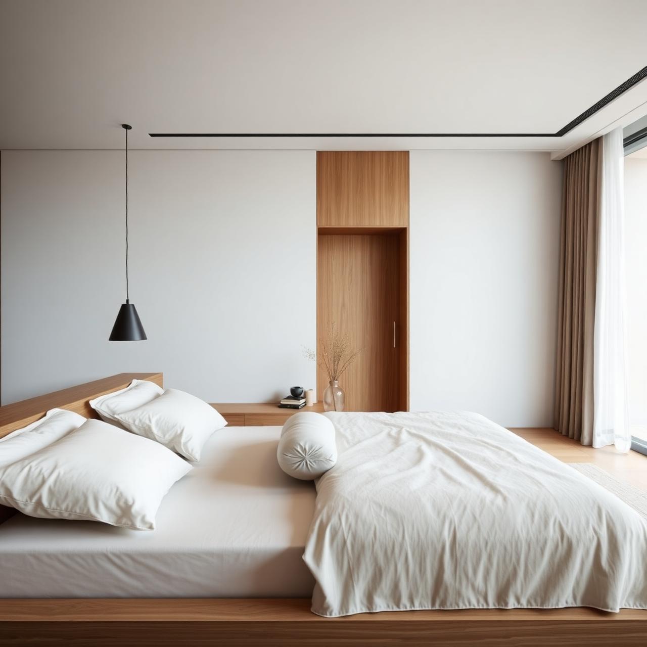 Minimalist bedroom with linen bedding